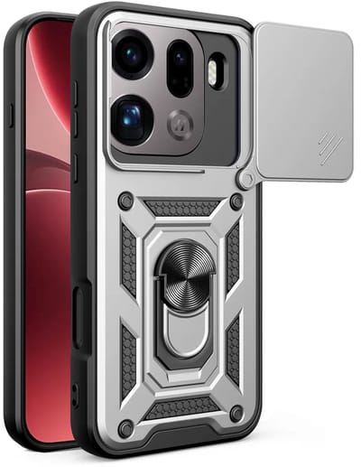 MobyDefend Hoesje - Geschikt voor Oppo Find X9 Pro - Pantsercase Met Draaibare Ring - Zilvergrijs
