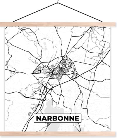 Posterhanger incl. Poster 40x40 cm - Schoolplaat - Stadskaart - Plattegrond - Narbonne - Kaart - Frankrijk - Zwart wit - Textielposter - Blanke latten - Stadskaart