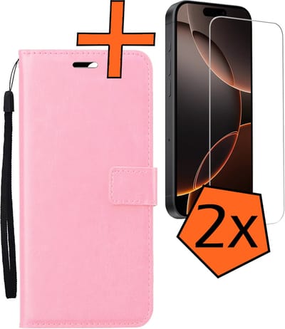 Hoes - Met 2x Screenprotector - Geschikt voor Apple iPhone 16 Pro - Luxe Pasjeshouder - Bookcase Portemonee - Flip Case - Kunstleer Book Case - Flipcase Hoes - Book Cover - Walletcase - PortemonneeHoes - Lichtroze