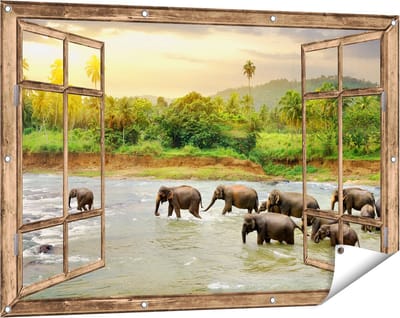Gards Tuinposter Doorkijk Kudde Olifanten in het Water - 120x80 cm - Tuindoek - Tuindecoratie - Wanddecoratie buiten - Tuinschilderij