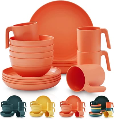 Plastic Bestekset van 16 Stukken, Breukbestendig en Herbruikbaar, Lichtgewicht Borden, Mokken en Schalen, Makkelijk Te Dragen en Te Reinigen, Magnetronbestendig en BPA-vrij