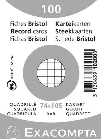 Exacompta 40x Pak 100 steekkaarten bristol in folie - geruit 5x5 niet geperforeerd 74x105mm - Wit - 10200SE