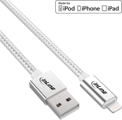 InLine® Lightning USB-kabel,voor iPad,iPhone,zilver/alum.1m MFi-gecertificeerd