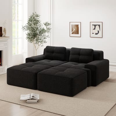 REDOM Modulair U-Vormig Bankstel - Diepe Zitting & Brede Armleuningen - Minimalistisch Design - Voor Woonkamer - Ribstof - Zwart - 204x177x69 cm