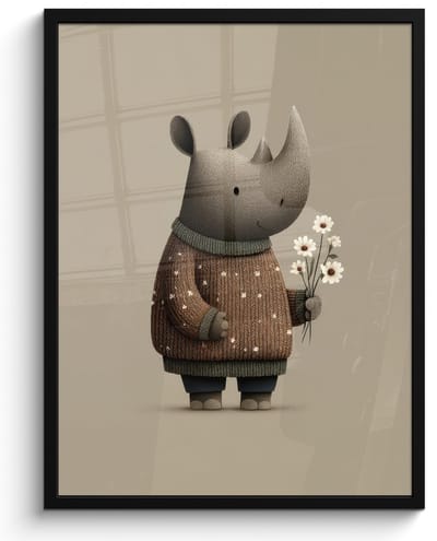 Poster in lijst - Fotolijst 50x70 cm - Posters - Neushoorn - Witte bloemen - Lief - Posterlijst zwart - Decoratie - Wanddecoratie woonkamer - Muurdecoratie slaapkamer