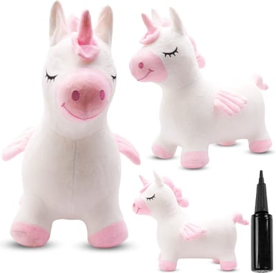 sun baby - Springdier met pomp vanaaf 1 jaar - Pluche eenhoorn - wit met vleugels - max 50kg, duurzaam rubber, gecertificeerd, bpa-vrij, springpaard, springhond