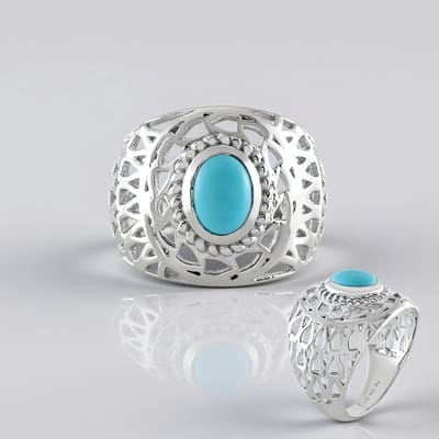 Cavill - Zilveren ring 925 Sterling Zilver Platina Plated met 1,018 ct ovale turkoois cabochon - filigrain opengewerkt design - hemelsblauw - 23x20 mm