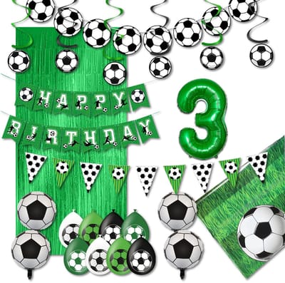LUQ – Verjaardag 3 Jaar Voetbal Set – Groen-Zwart-Wit – Kinderfeest Football Decoratie – Birthday Versiering Pakket