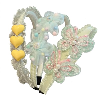 Set van 3 pastel haarbanden met hartjes, bloemen en vlinders – meisjes diadeem set – schattige haaraccessoires met parels en tule details