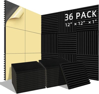 Famanu – Akoestische schuimpanelen set van 36 stuks, 30 x 30 x 30 cm, geluidsdichte panelen voor muur en plafond, zwart