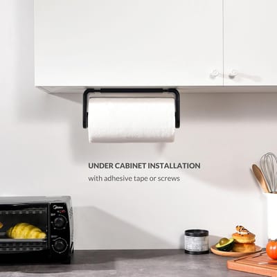 Famanu - Papieren Handdoekhouder Onder Kast Of Muurbevestiging Een Hand Bediening Spanningsarm Keukenrolhouder (Zwart, voor rol van 18-23cm/7-9inches)