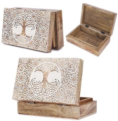 Handgemaakte Houten Decoratieve Sieraden Opbergdoos - Boom van Het Leven Ontwerp - 8x5 Inch