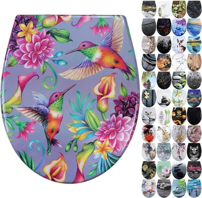 Toiletzitting automatisch sluitend, wc-deksel Duroplast, wc-deksel met snelsluiting, wc-brilmontage van bovenaf, toiletbril met motief (vogelbloem)