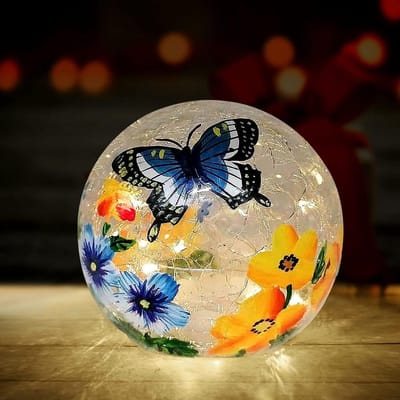 Glazen Bol Lamp - Decoratieve Nachtlamp - Sfeerverlichting Binnen - Uniek Vlinder Bloemen - Diameter 15cm - Wit