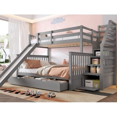 ModernLuxe Massief houten stapelbed - 90x200cm + 140x200cm - met opbergtrap en glijbaan - Grijs