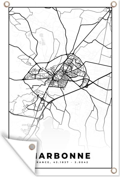Muurdecoratie Plattegrond - Narbonne - Kaart - Frankrijk - Stadskaart - Zwart wit - 120x180 cm - Tuinposter - Tuindoek