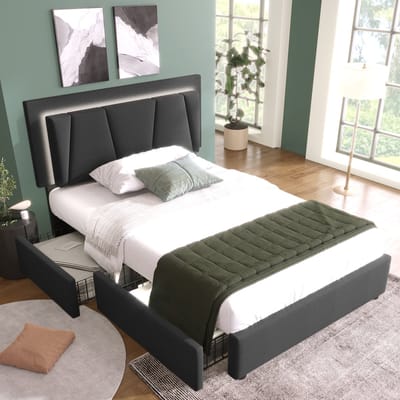 REDOM Bedframe 90x200 cm – Stof – Verstelbaar hoofdbord – LED & 2 lades – Grijs