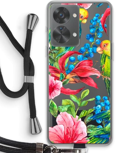 Case Company® - Hoesje met koord geschikt voor OnePlus Nord 2T hoesje met Koord - Papegaaien - Telefoonhoesje met Zwart Koord - Bescherming aan alle Kanten en Over de Schermrand