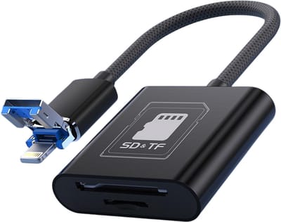 USB + 8-Pin naar SD + Micro-SD (TF) Geheugenkaartlezer - Adapter voor iPhone, iPad en Laptop - zwart