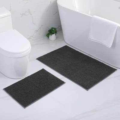 Famanu – Badkamermat - antislip - wasbare badmat - zachte chenille - badmat - absorberende douchemat voor badkamer - 40 x 60 cm + 60 x 90 cm - donkergrijs