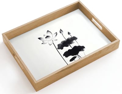 Dienblad hout 40x30 cm - Schootdienblad - Bladeren - Zwart - Lotusbloem - Minimalitisch - Borrelplank rechthoek - Plateau dienbladen