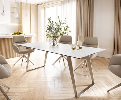 Eettafel Edge keramiek Laminam® Statuarietto wit 200x100 roestvrij staal hoekig