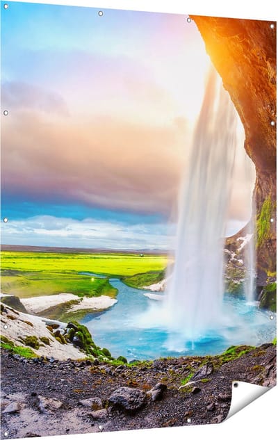 Gards Tuinposter Waterval van een Klif bij Zonsondergang - 120x160 cm - Tuindoek - Tuindecoratie - Wanddecoratie buiten - Tuinschilderij