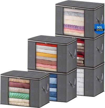 Thijox - 6 Stuks 90L Opbergtas - Opvouwbare Opbergset voor Onder Bed - Grote Capaciteit voor Beddengoed, Kleding, Dekens, Kussens en Seizoensartikelen