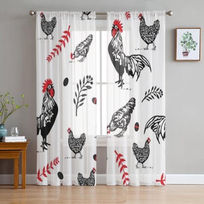 Rooster en kippen Transparante raamgordijnen voor woonkamer slaapkamer moderne voile tule gordijnen stoffen gordijnen voor keuken 135W x 114H(cm) white