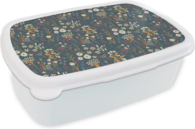Broodtrommel Wit - Lunchbox - Brooddoos - Patronen - Bloemen - Flora - 18x12x6 cm - Volwassenen