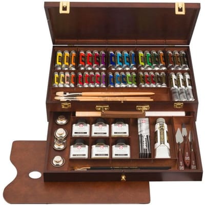 Oil Colour kist "Excellent" 19 x 15 ml + 18 x 40 ml + 3 x 60 ml + 1 x 150 ml olieverf met penselen, palet, paletdoppen, schildersmessen en hulpmiddelen