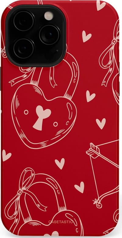 Casetastic Hoesje Geschikt voor Apple iPhone 13 Pro Magsafe - Stijlvolle Beschermende Duo-layer Case - Hartendief - Liefdes Slotjes - Valentijn - Valentine - Love - Rood Wit