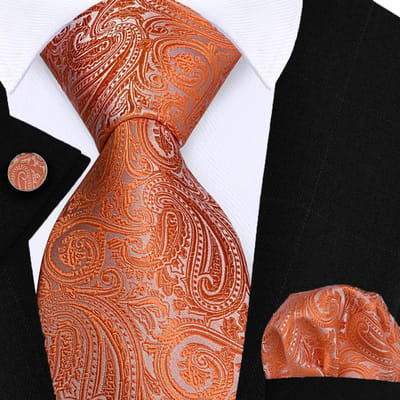 Sorprese Stropdas met Pochet en Manchetknopen - Paisley Oranje - 8cm - 100% Zijde - Pochette - Kerst