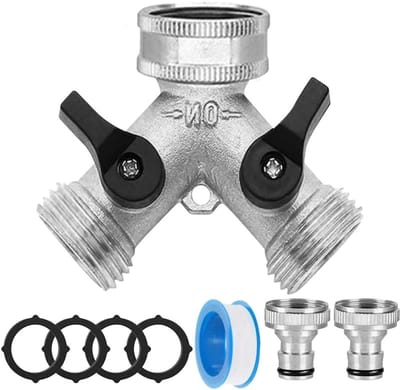 2-way water distributor 3/4 inch, waterverdeling voor wasmachine en tuin, messing Y verdeler met schakelaar, duurzame waterverbinding met 2 uitgangen