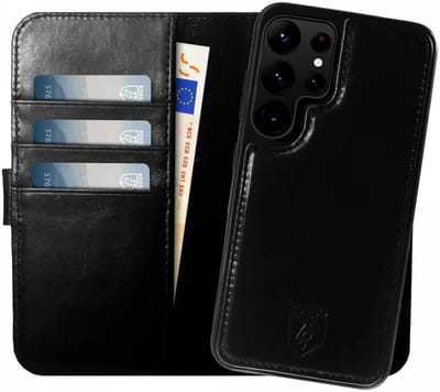 Rosso Elite Hoesje Geschikt voor Samsung Galaxy S23 Ultra | Compatibel met MagSafe | Book Case en Back Cover | Magnetisch Uitneembaar | Echt Leer Beschermhoes met Pasjeshouder | Zwart