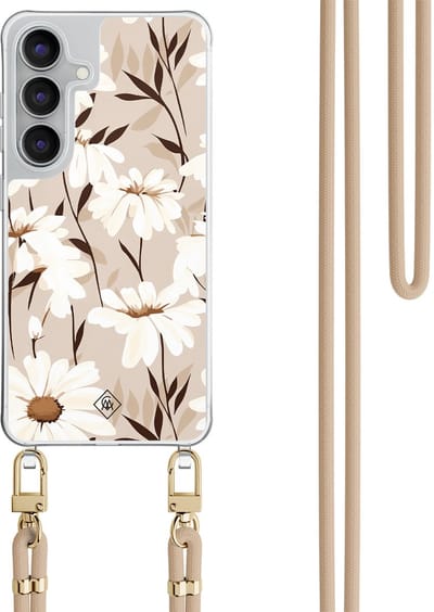 Casimoda® hoesje met beige koord - Geschikt voor Samsung S25 FE - In Bloom - Afneembaar koord - TPU/polycarbonaat - Bruin/beige