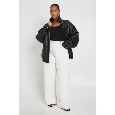 boohoo Dames Plus Omgeslagen Hoge Taille Wijde Pijpen Jeans | Ecru | Maat: 44