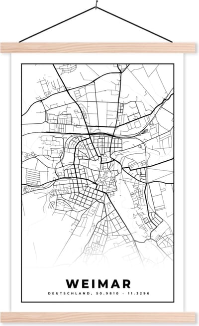 Posterhanger incl. Poster 40x60 cm - Schoolplaat - Plattegrond - Kaart - Stadskaart - Weimar - Textielposter - Blanke latten - Stadskaart