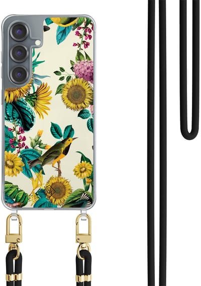 Casimoda® hoesje met koord - Geschikt voor Samsung S25 - Zonnebloemen / Bloemen - Afneembaar koord - TPU/polycarbonaat - Geel