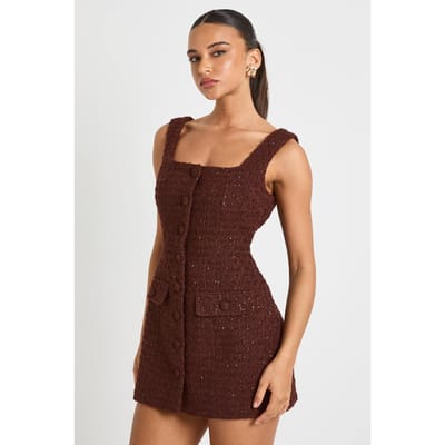 boohoo Dames Sequin Boucle vierkante hals op maat gemaakte minijurk | Chocolate | Maat: 14