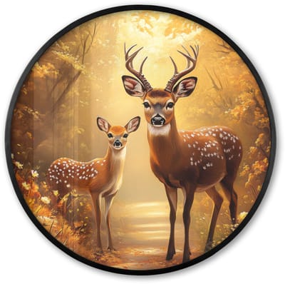 Poster in lijst Rond - Fotolijst 60x60 cm - Posters - Herfst - Bos - Herten - Bosdieren - Natuur - Bruin - Ronde posterlijst zwart - Decoratie - Wanddecoratie woonkamer - Muurdecoratie slaapkamer