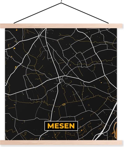 Posterhanger incl. Poster 40x40 cm - Schoolplaat - Mesen - Stadskaart - Goud - Plattegrond - Kaart - Textielposter - Blanke latten - Stadskaart