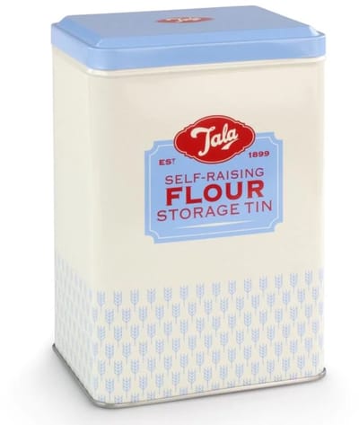 Tala – Bewaarblik voor Zelfrijzend Bakmeel – Self-Raising Flour – 1950’s Design – Blauw/Crème – Metaal – Met Scharnierdeksel