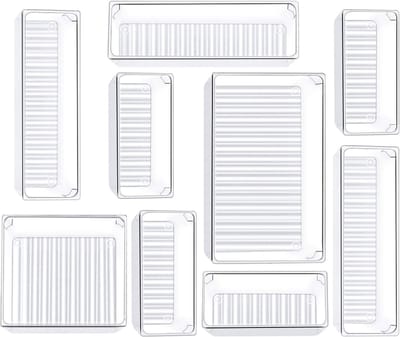 Famanu – Lade-organizer set van 9 stuks in 4 formaten, transparante opbergbakken voor badkamer, bureau en keuken