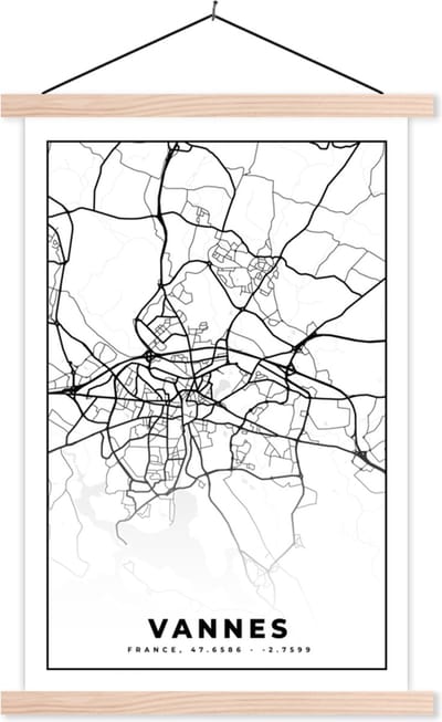 Posterhanger incl. Poster 40x60 cm - Schoolplaat - Kaart - Plattegrond - Vannes - Frankrijk - Stadskaart - Zwart wit - Textielposter - Blanke latten - Stadskaart