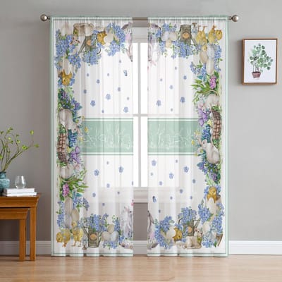 Paashaas En Kip Bloemen Tule Gordijnen Voor Woonkamer Slaapkamer Voile Transparant Gordijn Raam Huisdecoratie Gordijnen 135W x 114H(cm) white