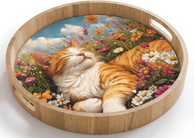 Dienblad rond 40x40 cm - Schootdienblad hout - Kat - Bloemen - Ontspannen - Borrelplank rechthoek - Plateau houten dienbladen