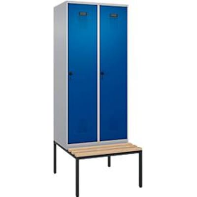 C+P Evolo Plus garderobekast, 2 vakken, 400 mm vakbreedte, met bank eronder, B 800 x D 815 x H 2120 mm, draaischroef, blank aluminium/ gentiaanblauw