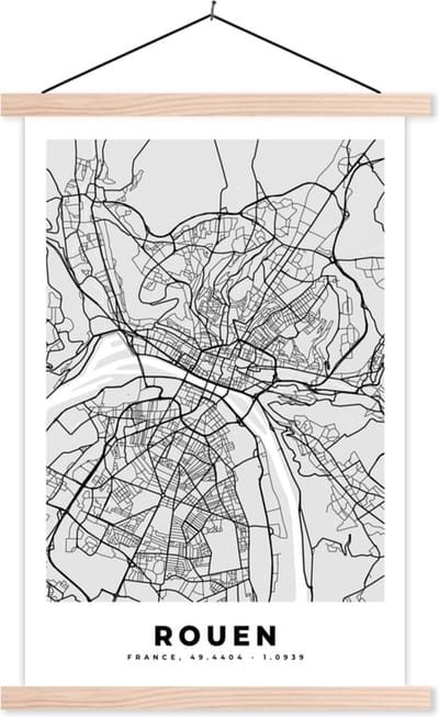 Posterhanger incl. Poster 40x60 cm - Schoolplaat - Kaart - Stadskaart - Frankrijk - Rouen - Plattegrond - Textielposter - Blanke latten - Stadskaart