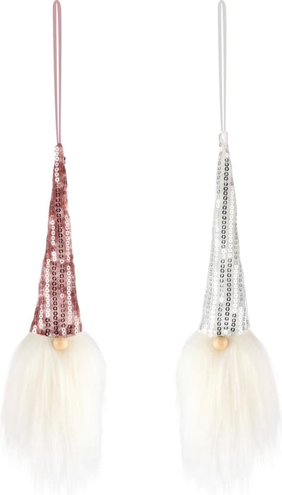 Dekoratief | Hanger gnoompje m/puntmuts, roze/zilver, stof, 4x4x23cm, set van 2 stuks | A235411
